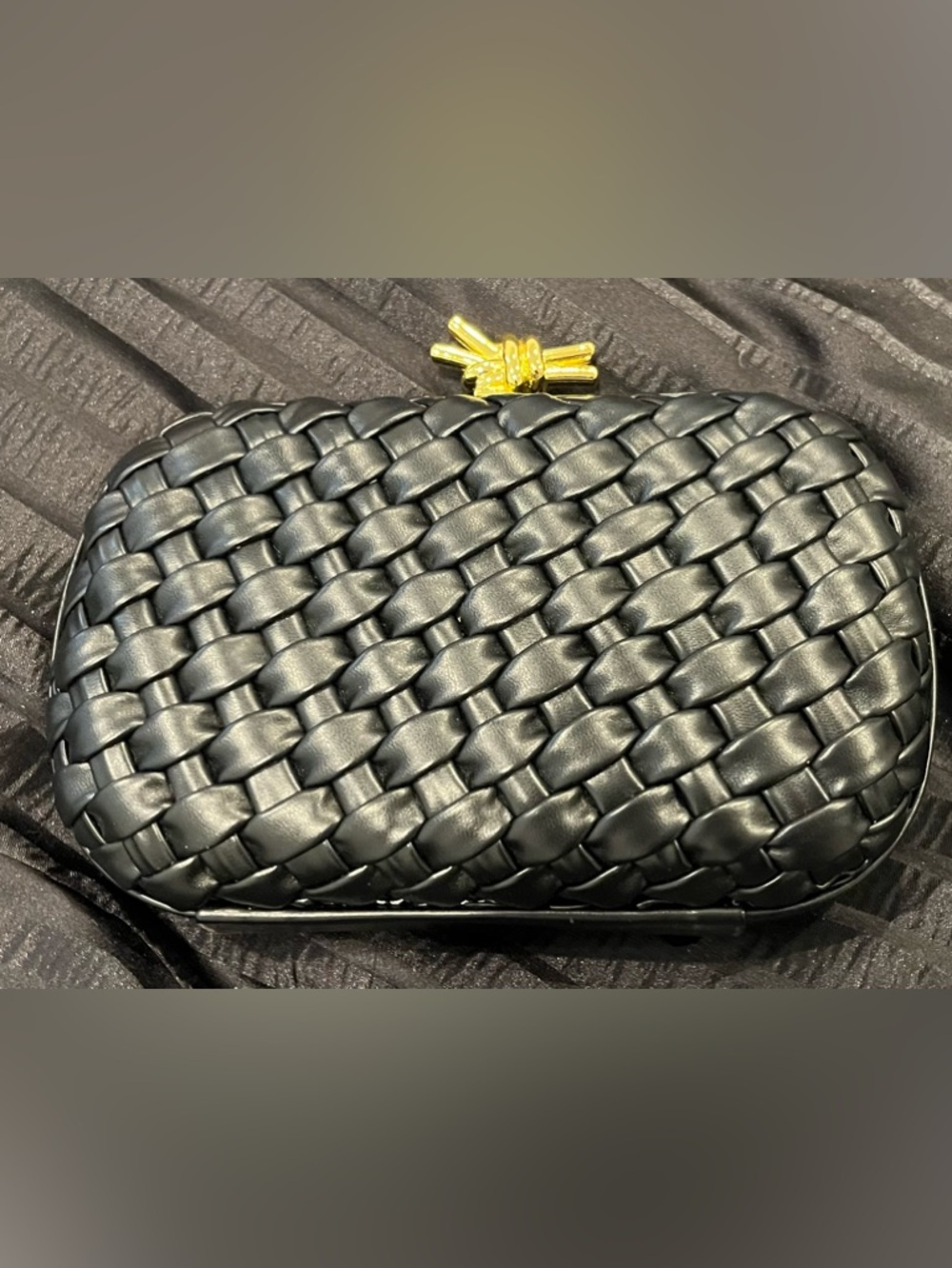 NWOT Woven Leather Knot-Top Clutch - Black convertible with gold metal